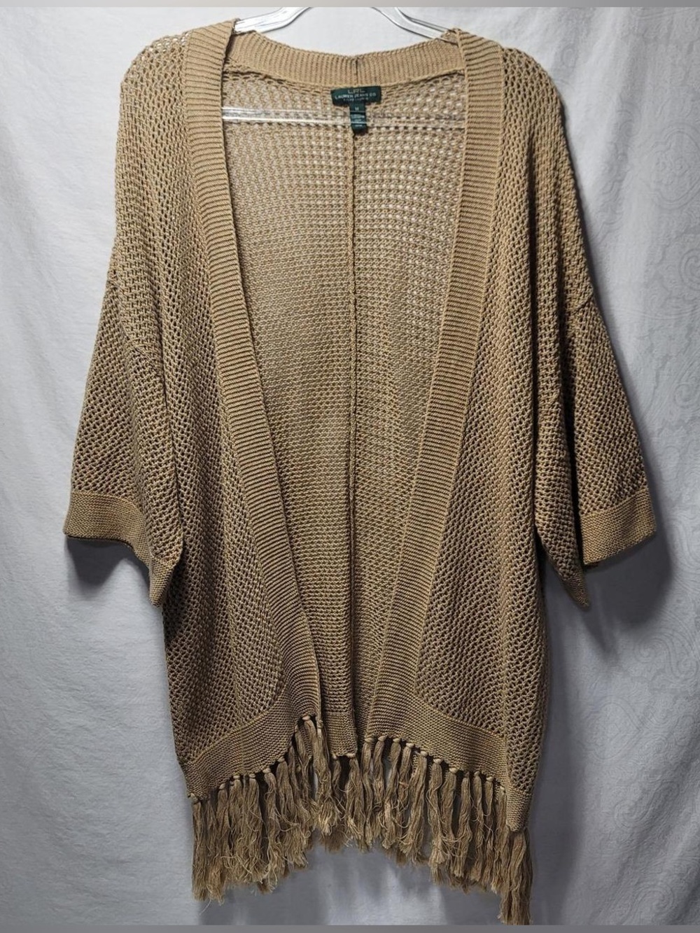 Lauren Ralph Lauren Tan Open Knit Fringe Poncho Cardigan